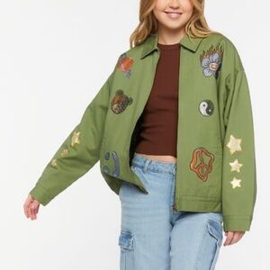 Forever 21 Women's Rhinestone Patch
Graphic Zip-Up Jacket in Olive, Sz Medium